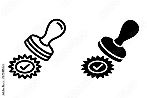 Quality approval stamp and certified checkmark seal icon set in outline and solid styles, representing verification, guarantee, and validation concept