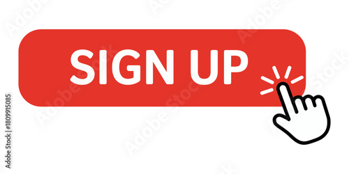 Red sign up button with white text and a clicking hand cursor, indicating user registration, web interface, and online account creation.