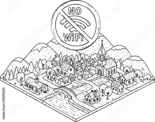 Isometric line art illustration of a rural village with a 'No WiFi' symbol, ideal for technology and communication themes