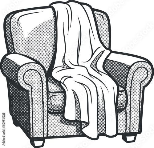 Vintage halftone vector illustration of a cozy armchair draped with a soft blanket, ideal for home decor projects