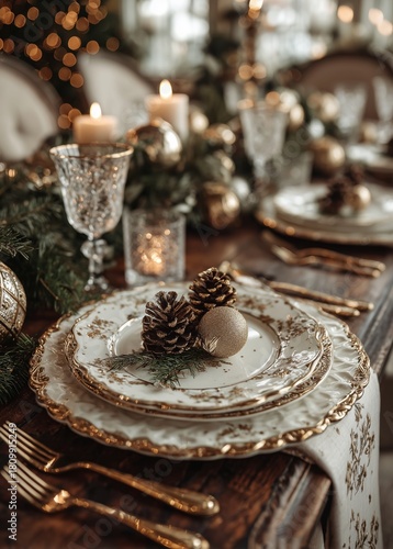 Elegant Holiday Dinner Table Setting With Candles, Pinecones, and Festive Dec...