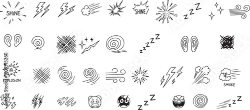 Black and White Doodle Icons for Sound, Emotion, and Action Keywords: doodle, icons, black and