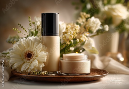 Natural Beauty Products Arranged With White Flowers on a Wooden Tray