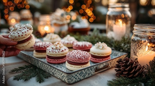 Festive Macarons on a Wooden Table With Candles and Winter Decorations for a ...