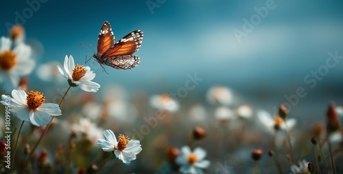Butterfly Perched on White Flowers at Sunset by the Beach