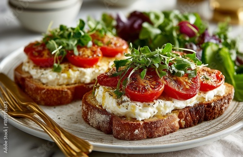 Delicious Open-Faced Sandwiches With Fresh Tomatoes and Herbs Ready for a Bru...