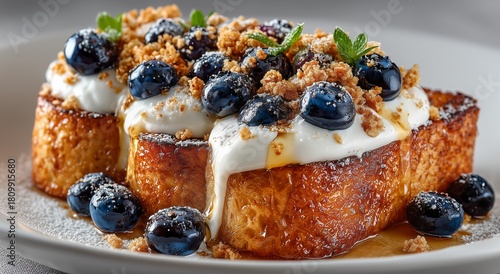 Cozy Breakfast Table With Sweet French Toast Topped With Blueberries and Crea...