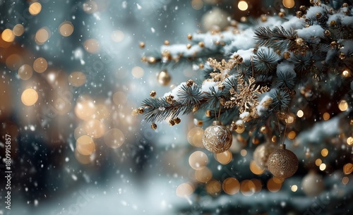 Winter Scene With Decorated Christmas Tree and Softly Falling Snow in a Festi...