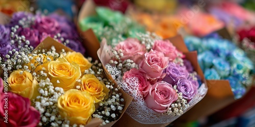 Bunches of Colorful Roses and Flowers Arranged in Decorative Paper at a Flowe...