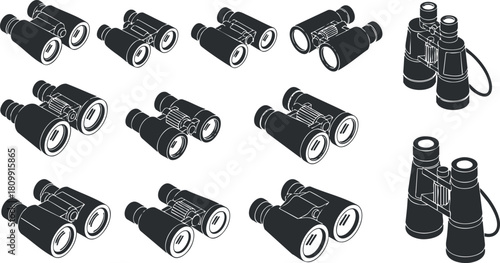 Black and white vector icon set featuring various designs of binoculars for outdoor and adventure contexts
