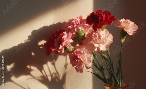 Carnations in a Vase Casting Soft Shadows in Warm Afternoon Light by a Window