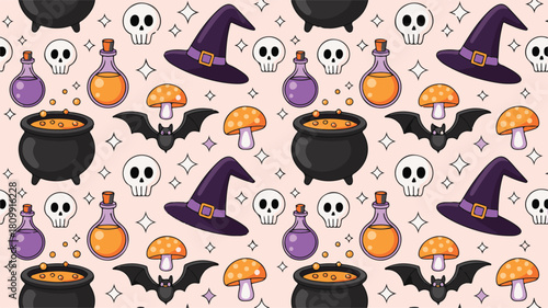 Spooky Halloween Pattern with Skulls, Bats, and Potions