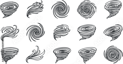 Collection of minimalist black and white vector illustrations of tornadoes and whirlwinds for weather-related design projects