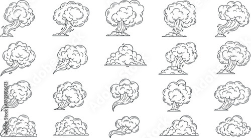 Outline vector icon set of various smoke and cloud designs for creative projects and illustrations