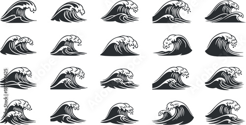 Collection of black and white wave vector icons featuring various styles and movements for marine-themed design projects