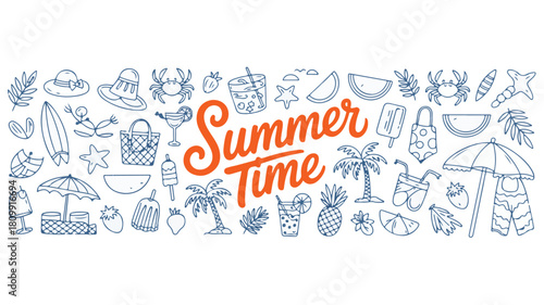 Summer Time doodle elements with beach and vacation items
