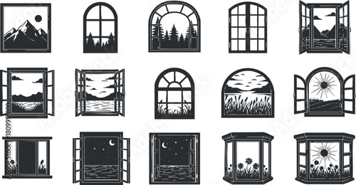 Collection of black and white vector illustrations of various window designs showcasing scenic landscapes and nature views