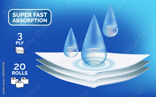 Absorbent 3 layer material with water drops. Infographic for toilet paper, napkins, wipes and other hygiene product. Label for packaging paper towels, napkins.