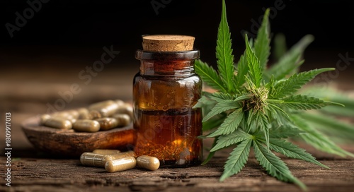 Natural Remedies for Health With Herbal Capsules and Cannabis Oil on Wooden S...