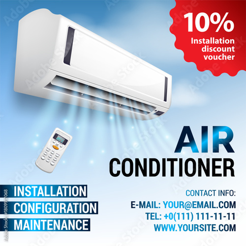 Air Conditioning Repair Flyer with Realistic detailed isometric air conditioning blowing cold air in the room. Installation discount voucher