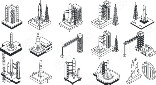 Detailed isometric vector illustration of rocket launch sites and related structures for technology and engineering concepts