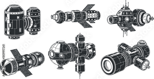 Futuristic black and white vector illustration set of various spacecraft designs for science and technology projects