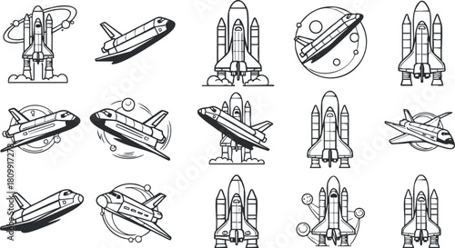 Collection of line art vector illustrations featuring rockets and space shuttles for educational and design projects