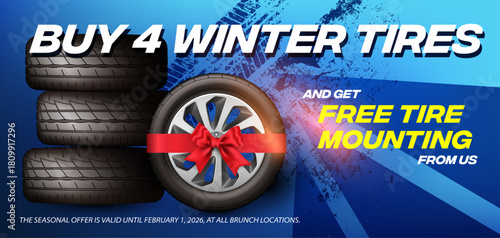 Car tires shop banner with discount offer, blue background. Euro flyer template for winter wheels sale promotion, sporty clean design, automotive service ad, layered and ready for printing