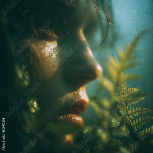 Womans Face Partially Hidden Among Green Ferns in Serene Forest Setting Durin...