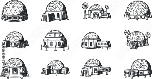 Geometric vector illustration set of geodesic dome buildings, showcasing modern architecture for eco-friendly living and community design