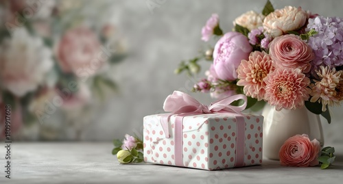 Beautiful Bouquet of Flowers and a Gift on a Table With a Floral Background