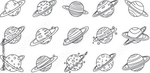 Outline vector icon set of various planets with rings and details for educational and design projects