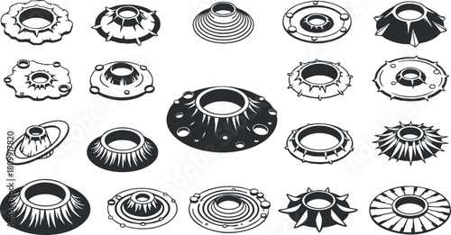 Stylized black and white vector illustration set of various mechanical components and industrial elements for design projects.