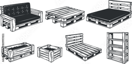 Stylish vector illustration set of various pallet furniture pieces including sofas, tables, beds, and shelves for home decor.