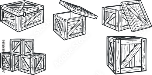 Detailed hand-drawn vector illustration of wooden crates in various positions for storage or shipping design projects