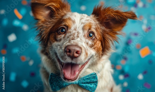Happy Dog With a Blue Bowtie Smiling Against a Colorful Background During a F...