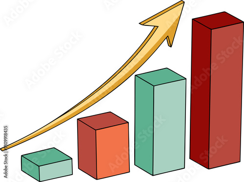Colorful bar graph with a shining golden arrow, symbolizing business growth and financial success, isolated on a clear background.