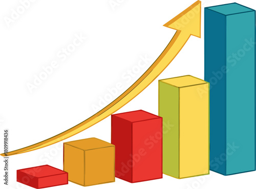 Dynamic bar graph in vibrant colors with a golden upward arrow, illustrating financial success and business growth, isolated.