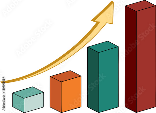 Vibrant bar graph with a golden arrow, representing business growth and financial success, isolated on a transparent background.