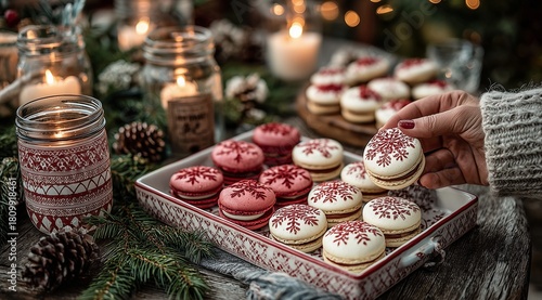 Festive Macarons on a Wooden Table With Candles and Winter Decorations for a ...