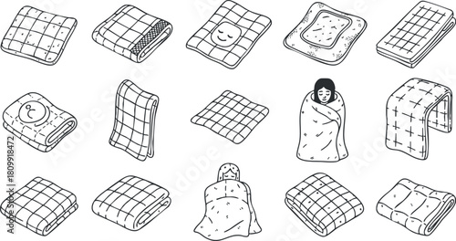 Outline vector illustration of various blankets and cozy bedding items for home decor and lifestyle design