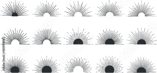 Stylized vector illustration set showcasing various sun and sunrise designs in minimalist black and white style for branding and decorative projects