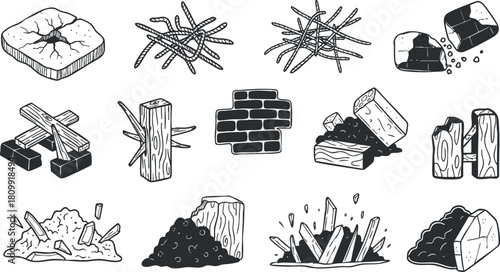 Hand-drawn vector illustration of various firewood, bricks, and construction materials for outdoor and camping projects