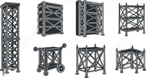 Vector illustration set of various scaffolding structures in a minimalist black and white style for construction and engineering projects