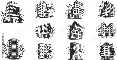Set of black and white vector illustrations depicting buildings under destruction or demolition for urban design projects