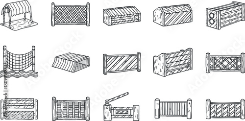 Hand-drawn vector illustration of various fence designs for garden and outdoor settings, perfect for landscaping projects