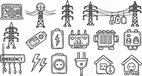 Hand-drawn vector icon set of electricity symbols including power lines, emergency signs, and battery concepts for energy-related designs