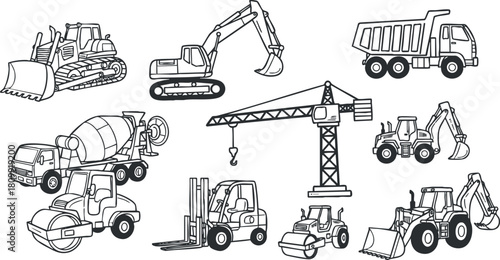 Outline vector illustration of various construction vehicles including excavators, bulldozers, cranes, and dump trucks for engineering projects