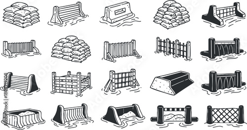 Collection of vector icons depicting various flood barriers and protective structures for emergency management and disaster prevention.