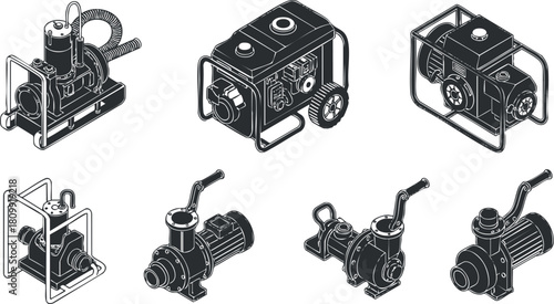 Clean black and white vector illustration of various pump types for engineering and industrial design projects